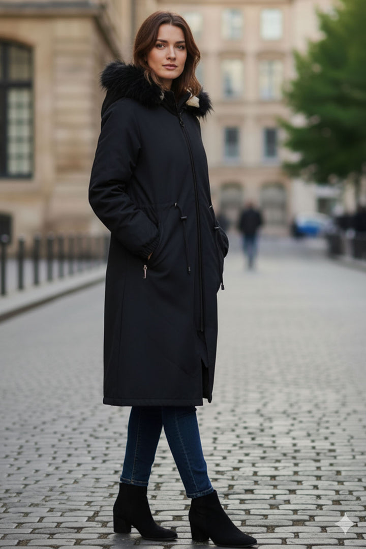 BNG Women Yakası Kürk Detaylı Bondit Kaban O4601 Siyah - Mannheim