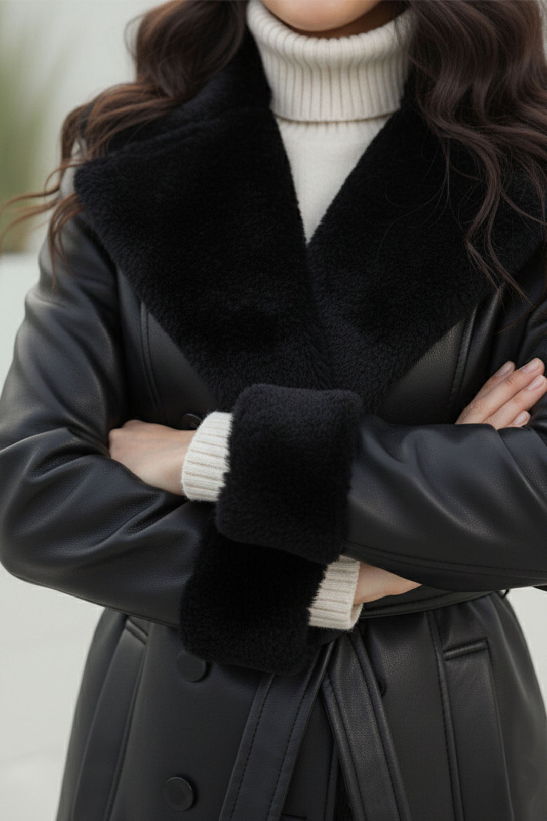 BNG Women Yakası Ve Kolları Kürk Detaylı Deri Kaban O4806 Siyah - Cleveland Heights