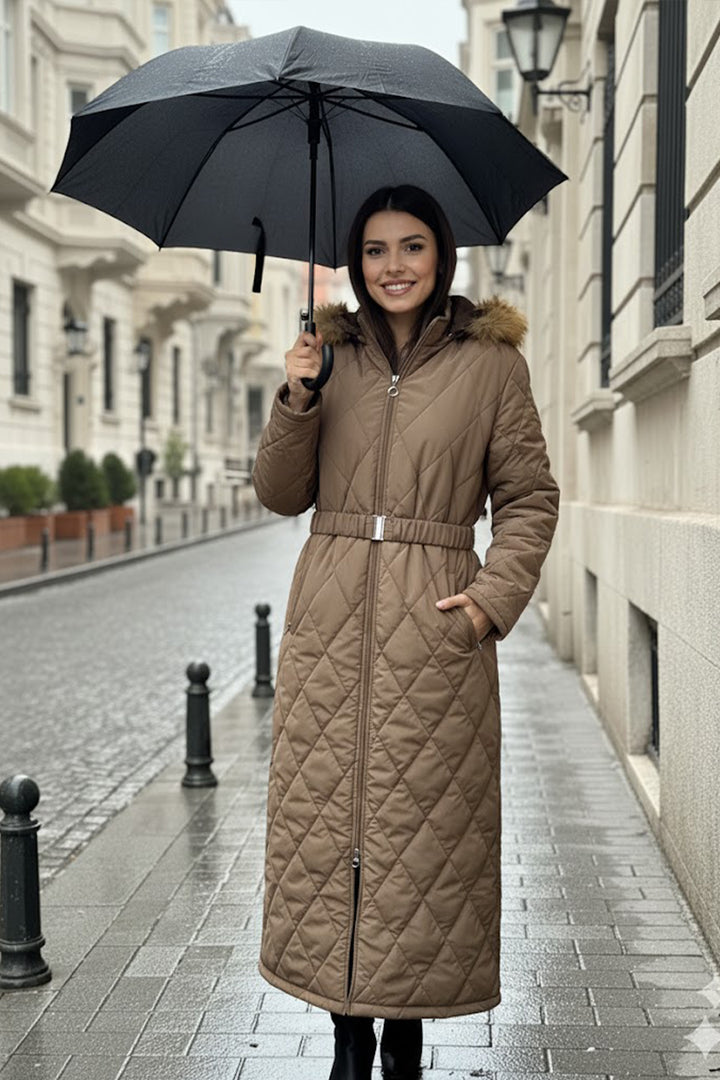 BNG Women Parlak Kapitone Kemerli Uzun Mont O9153 Kahverengi - Miranda de Ebro