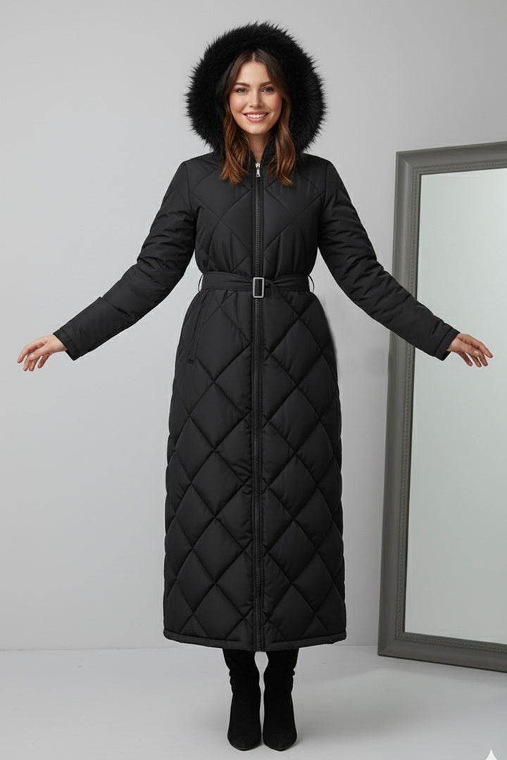 BNG Women Parlak Kapitone Kemerli Uzun Mont O9153 Siyah - Monaco