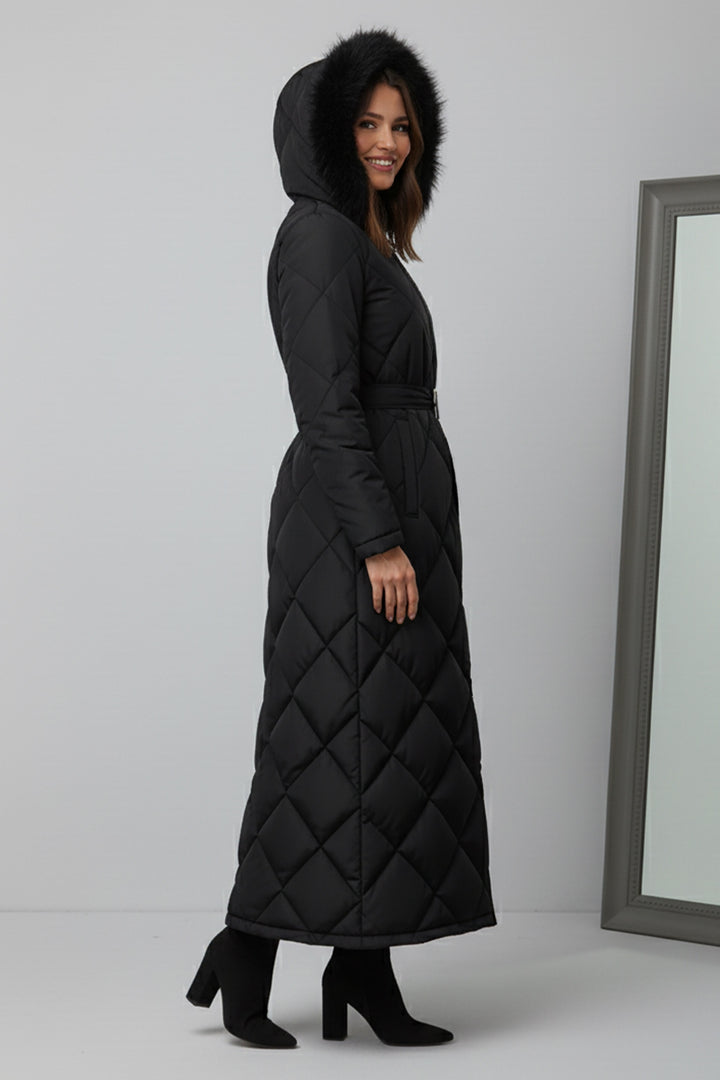 BNG Women Parlak Kapitone Kemerli Uzun Mont O9153 Siyah - Monaco