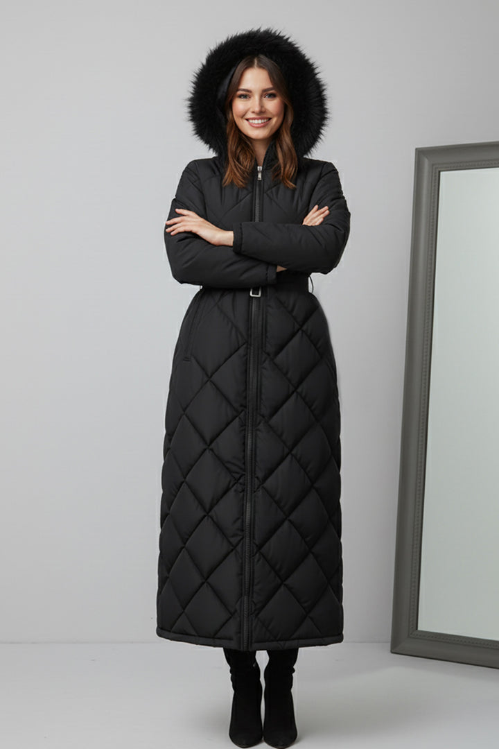 BNG Women Parlak Kapitone Kemerli Uzun Mont O9153 Siyah - Monaco