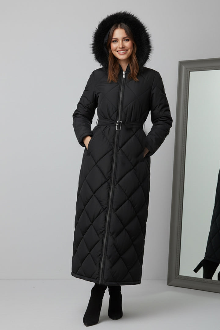 BNG Women Parlak Kapitone Kemerli Uzun Mont O9153 Siyah - Monaco