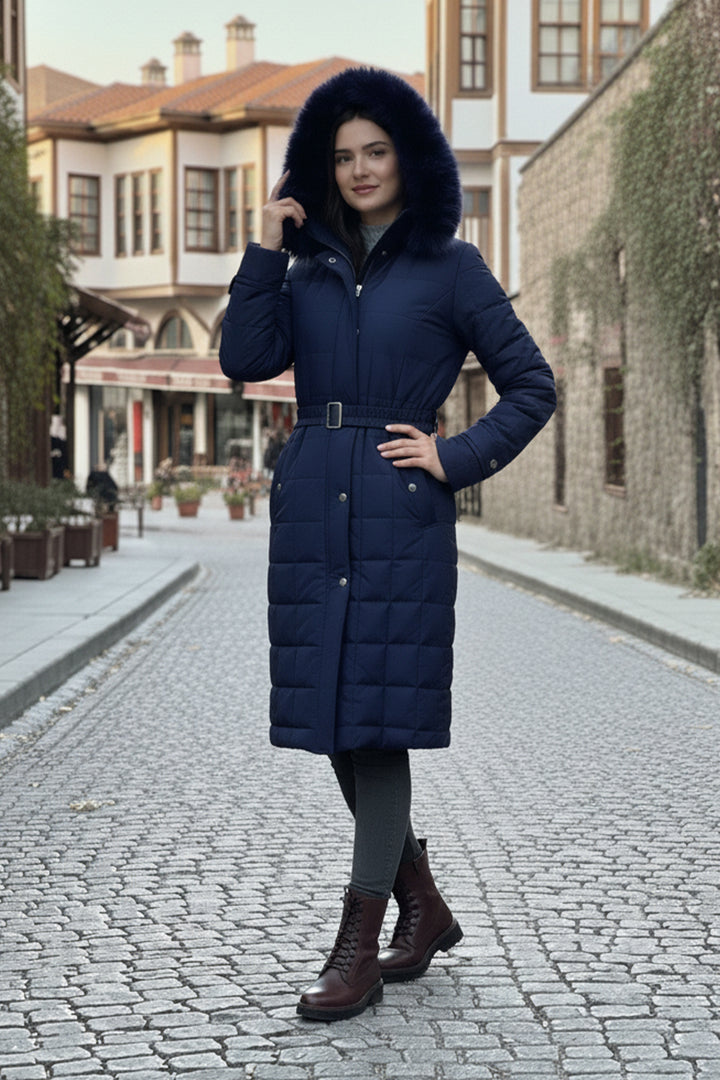 BNG Women Yakası Kürklü Kapitone Mont O2000 Lacivert - Pinneberg