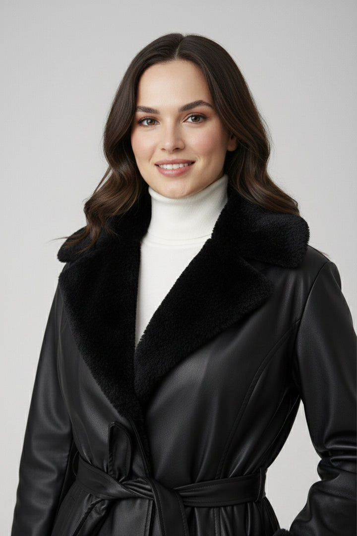 BNG Women Coat with Fur Detailed Collar and Sleeves O9151 Black - Winnipeg