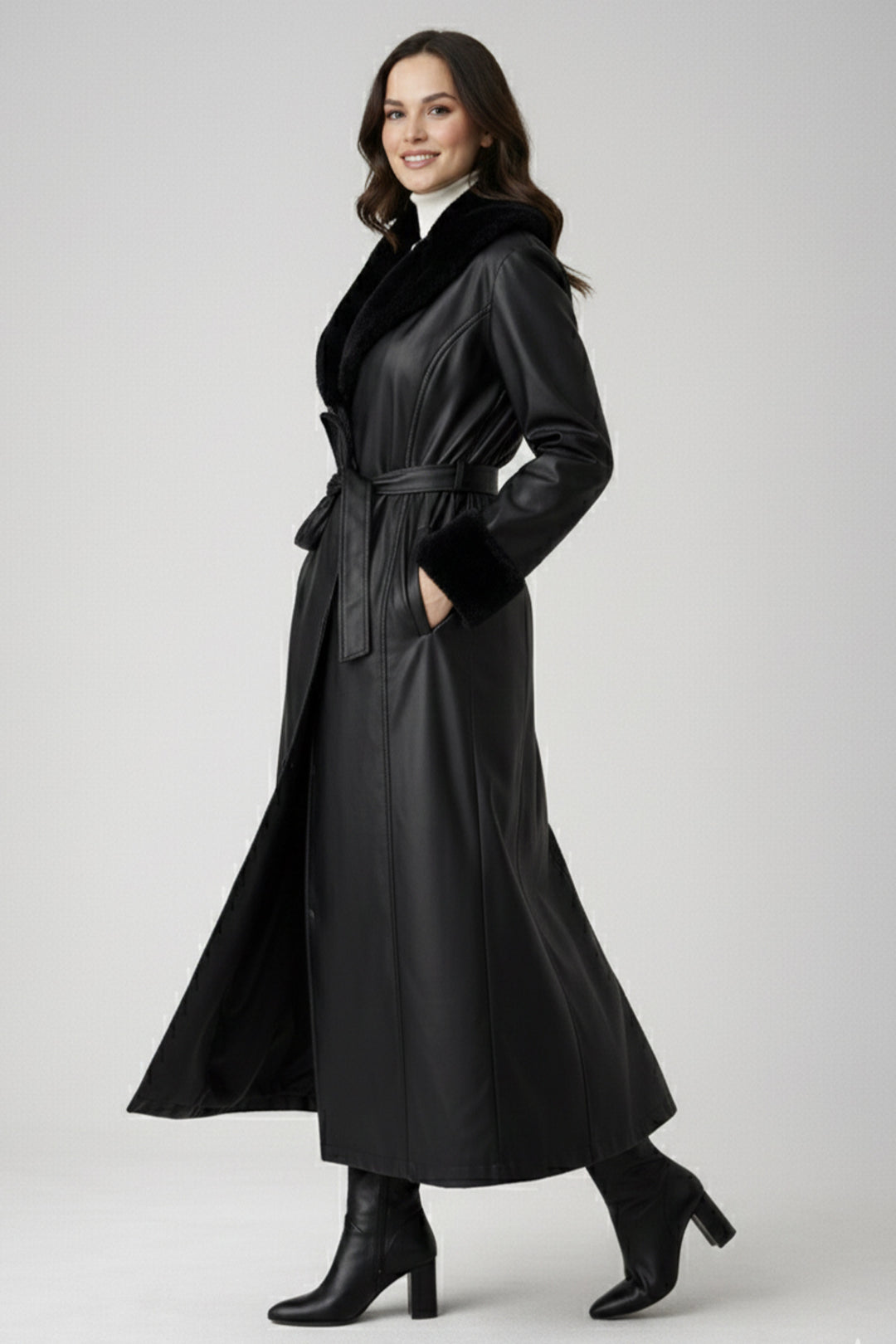 BNG Women Coat with Fur Detailed Collar and Sleeves O9151 Black - Winnipeg