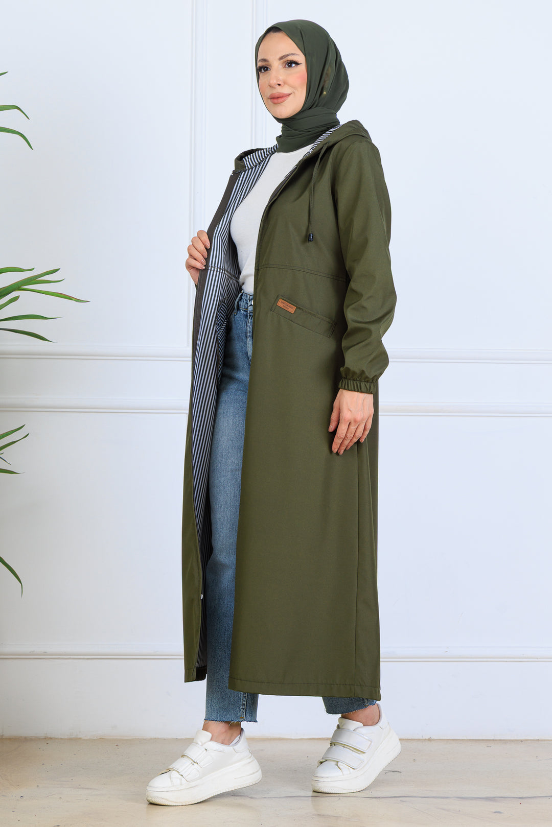 BNG Women Patterned Long Coat O1215 Khaki - Margate