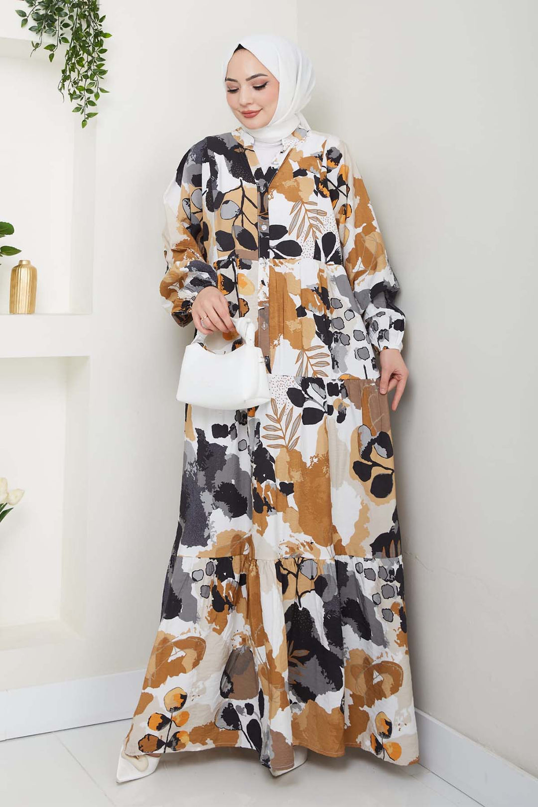 BNG Women Patterned Hijab Dress Beige 4731 - Westminster