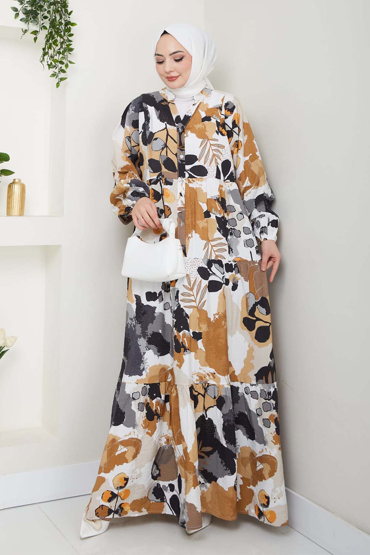 BNG Women Patterned Hijab Dress Beige 4731 - Westminster