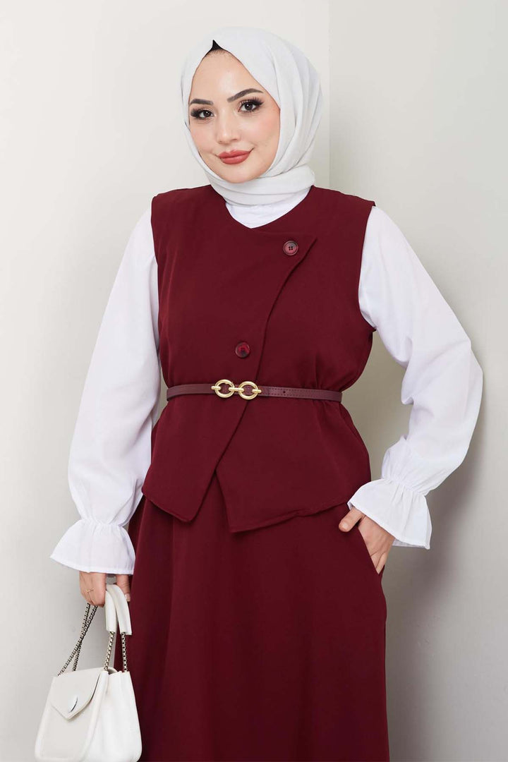 BNG Women Yelekli Etek Takım Bordo 5704 - Levittown