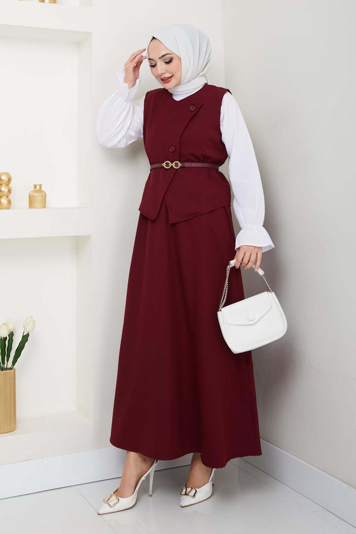 BNG Women Yelekli Etek Takım Bordo 5704 - Levittown