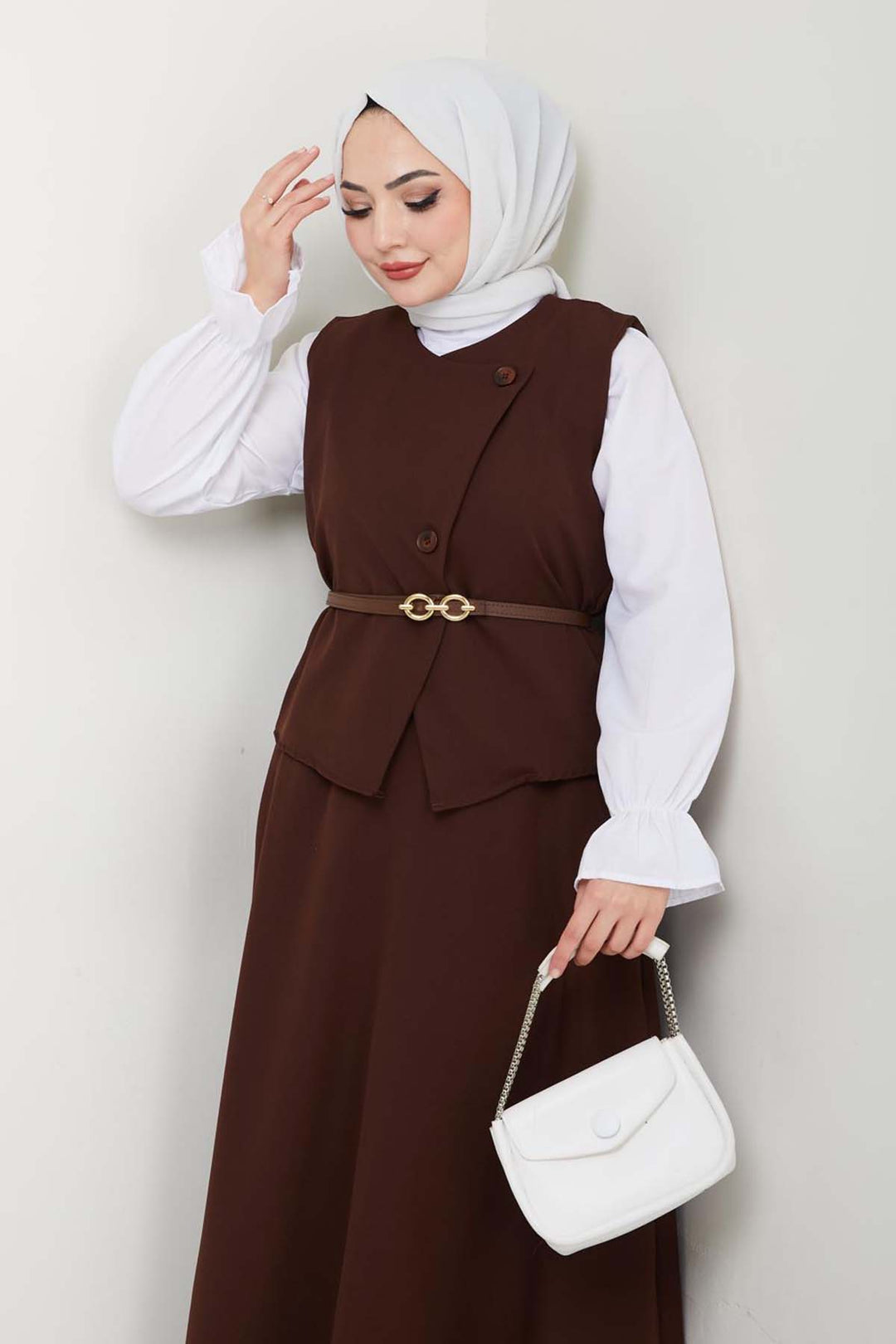 BNG Women Yelekli Etek Takım Kahverengi 5704 - Slidell