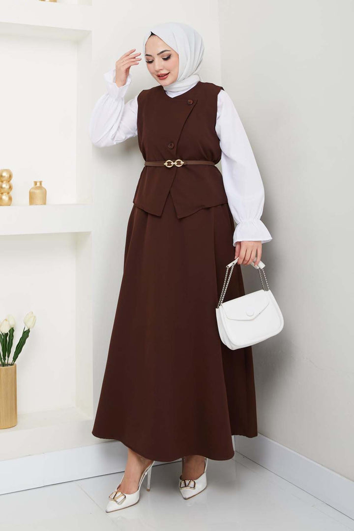 BNG Women Yelekli Etek Takım Kahverengi 5704 - Slidell