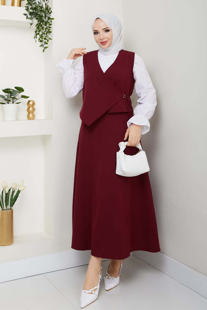 BNG Women Yandan Bağlamalı Yelekli Takım Bordo 4745 - Corsico