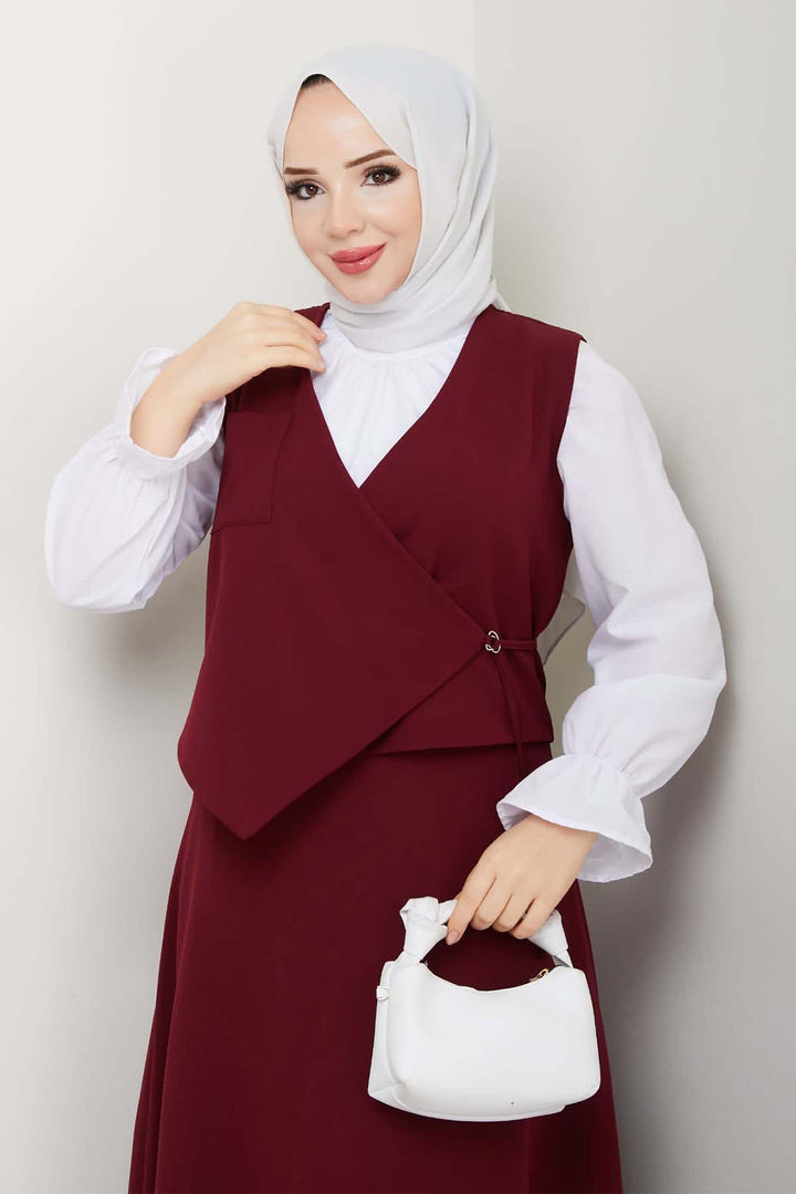 BNG Women Yandan Bağlamalı Yelekli Takım Bordo 4745 - Corsico