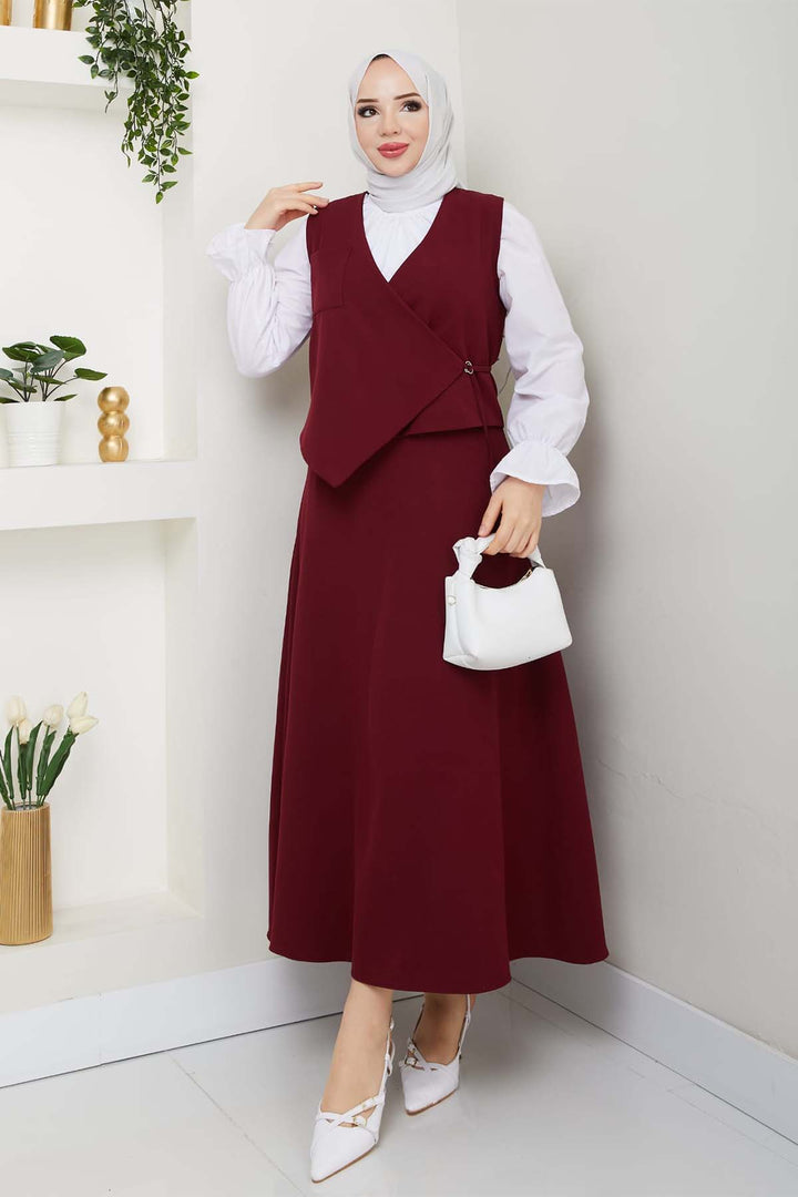BNG Women Yandan Bağlamalı Yelekli Takım Bordo 4745 - Corsico
