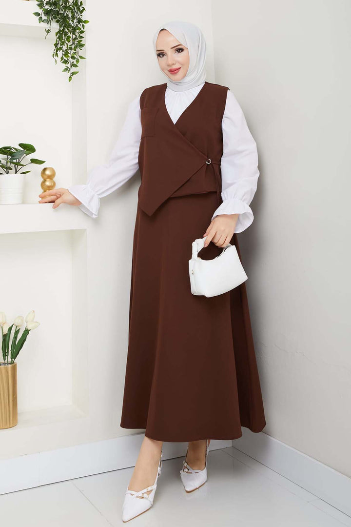 BNG Women Yandan Bağlamalı Yelekli Takım Kahverengi 4745 - Kearns