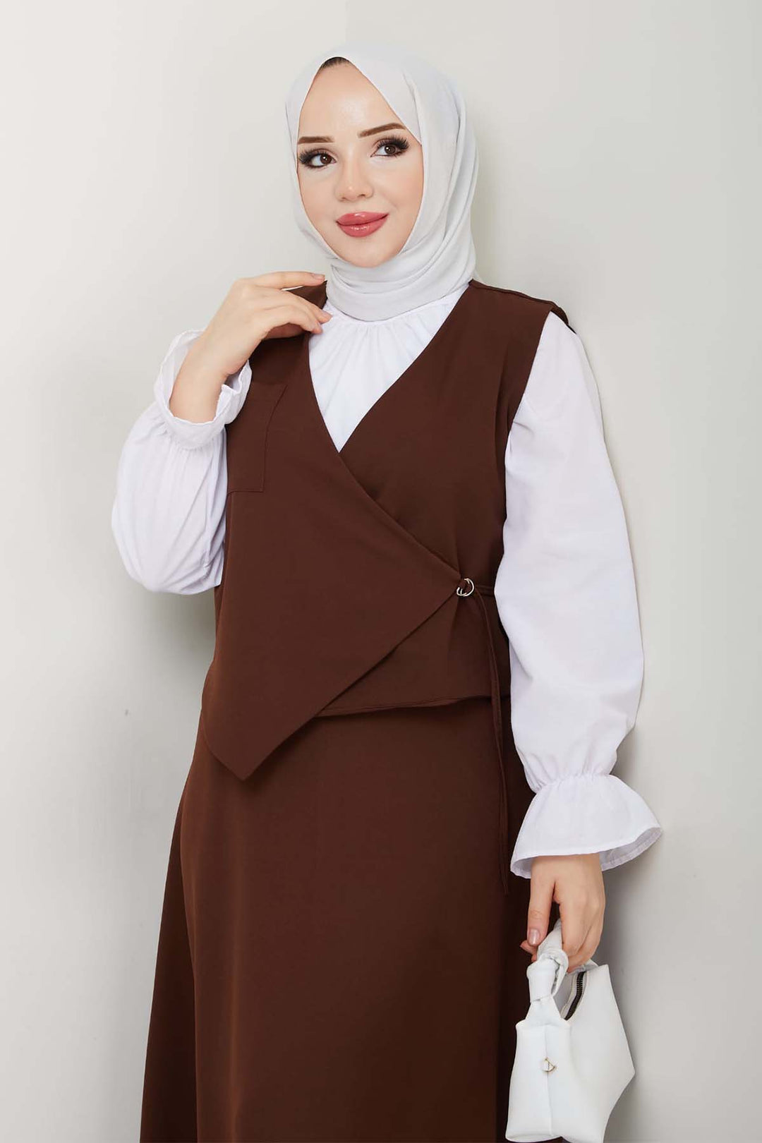 BNG Women Yandan Bağlamalı Yelekli Takım Kahverengi 4745 - Kearns