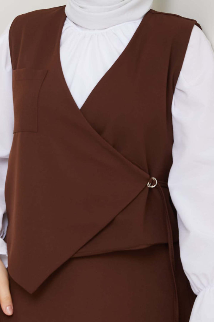 BNG Women Yandan Bağlamalı Yelekli Takım Kahverengi 4745 - Kearns