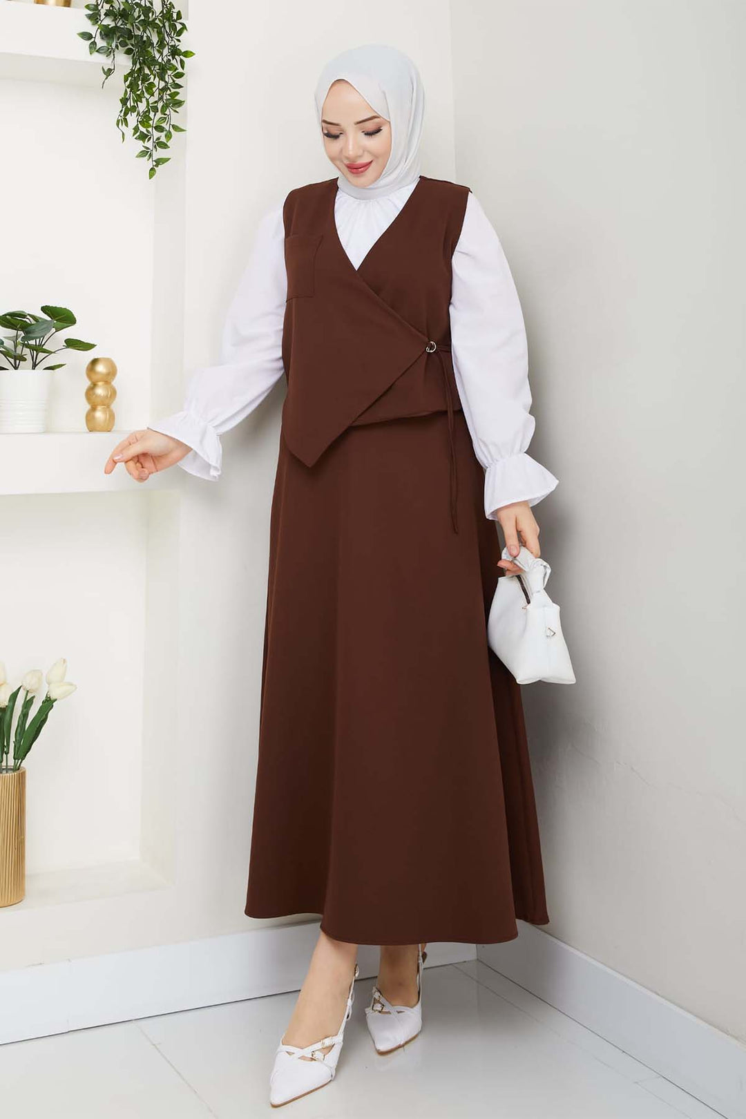 BNG Women Yandan Bağlamalı Yelekli Takım Kahverengi 4745 - Kearns