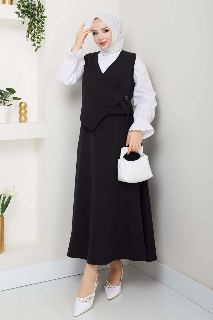 BNG Women Yandan Bağlamalı Yelekli Takım Siyah 4745 - Dublin