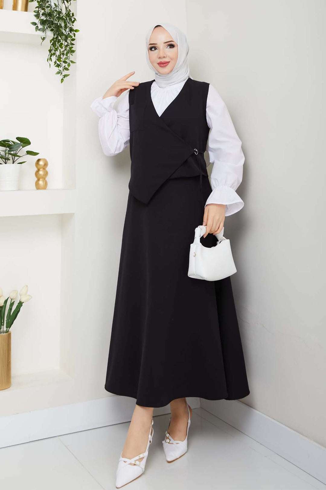 BNG Women Yandan Bağlamalı Yelekli Takım Siyah 4745 - Dublin