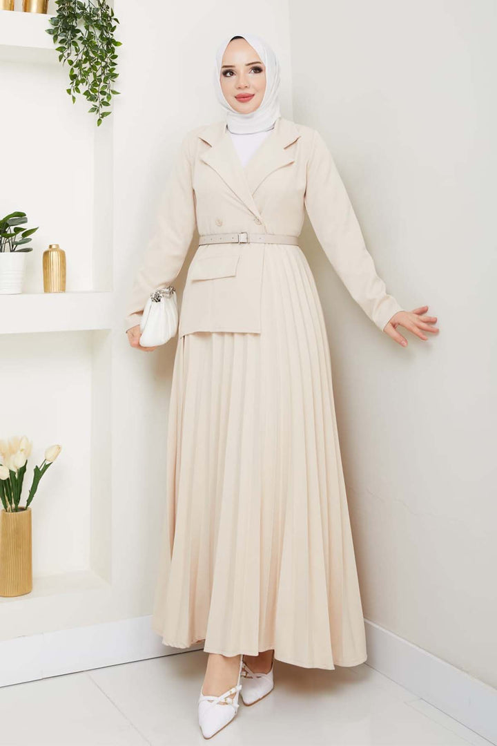 BNG Women Piliseli Elbise Taş Rengi 4747 - Nîmes