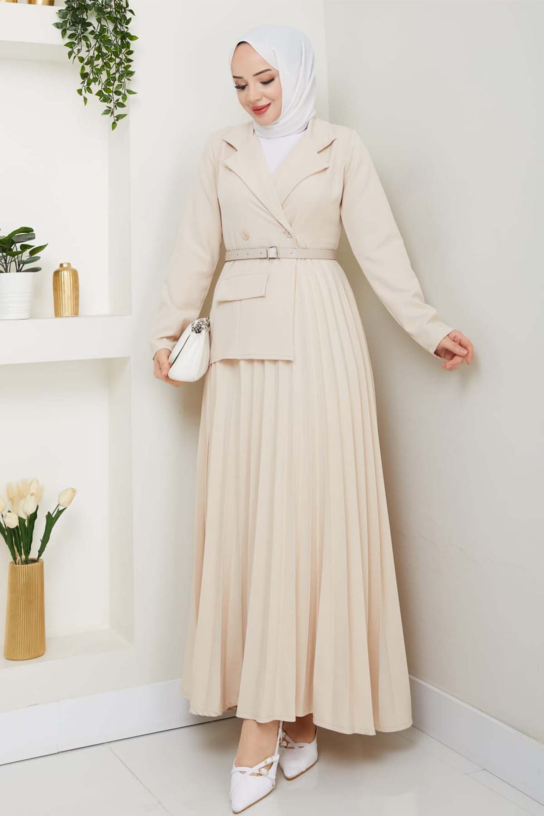 BNG Women Piliseli Elbise Taş Rengi 4747 - Nîmes