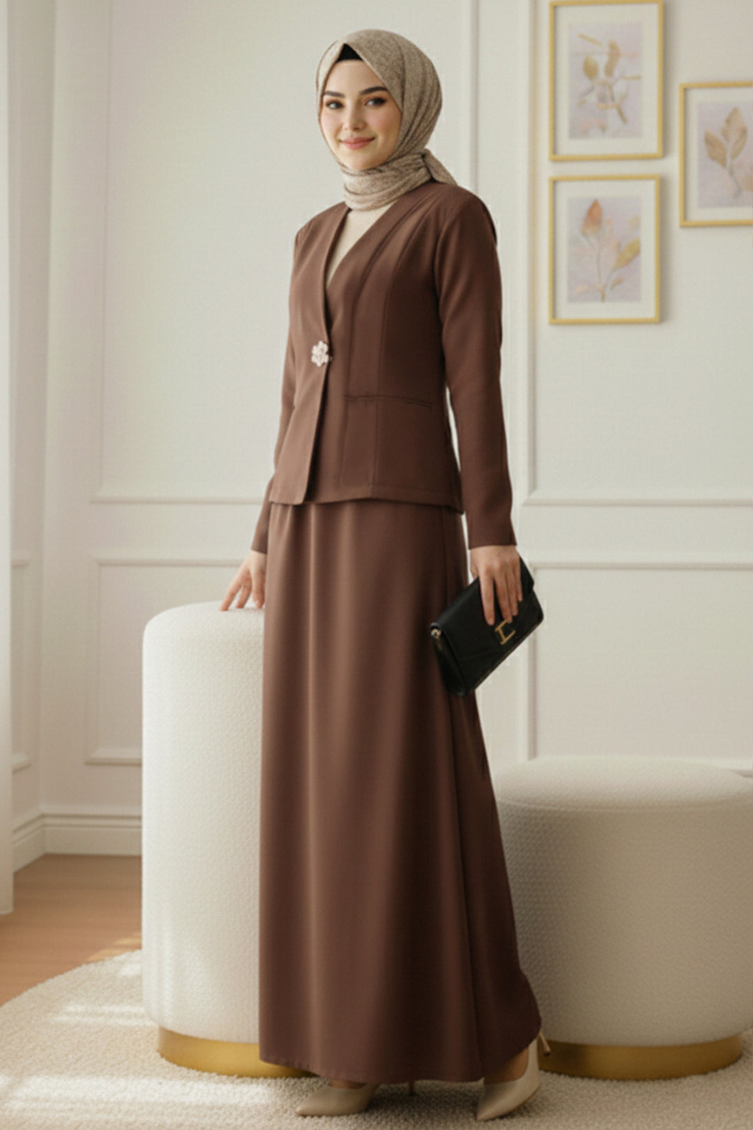 BNG Women Broşlu Ceket Takım Z5726 Kahverengi - Morley