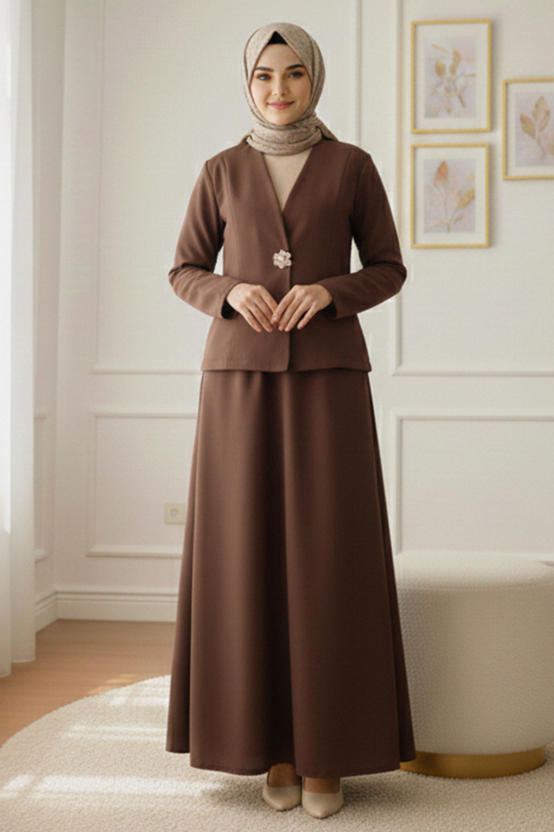 BNG Women Broşlu Ceket Takım Z5726 Kahverengi - Morley