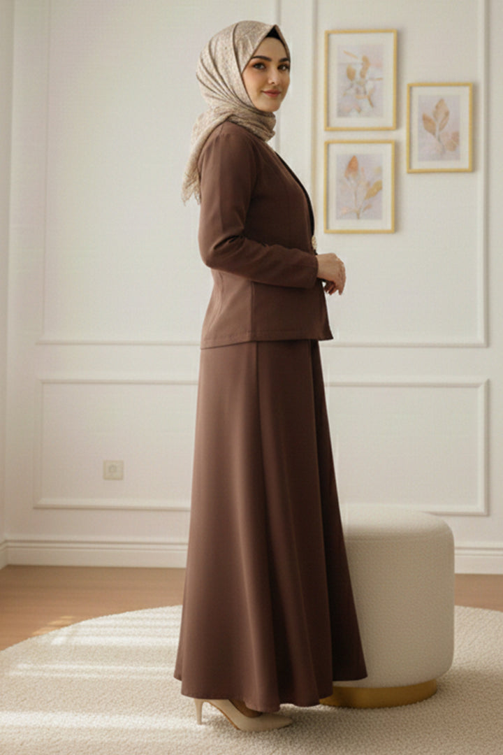BNG Women Broşlu Ceket Takım Z5726 Kahverengi - Morley