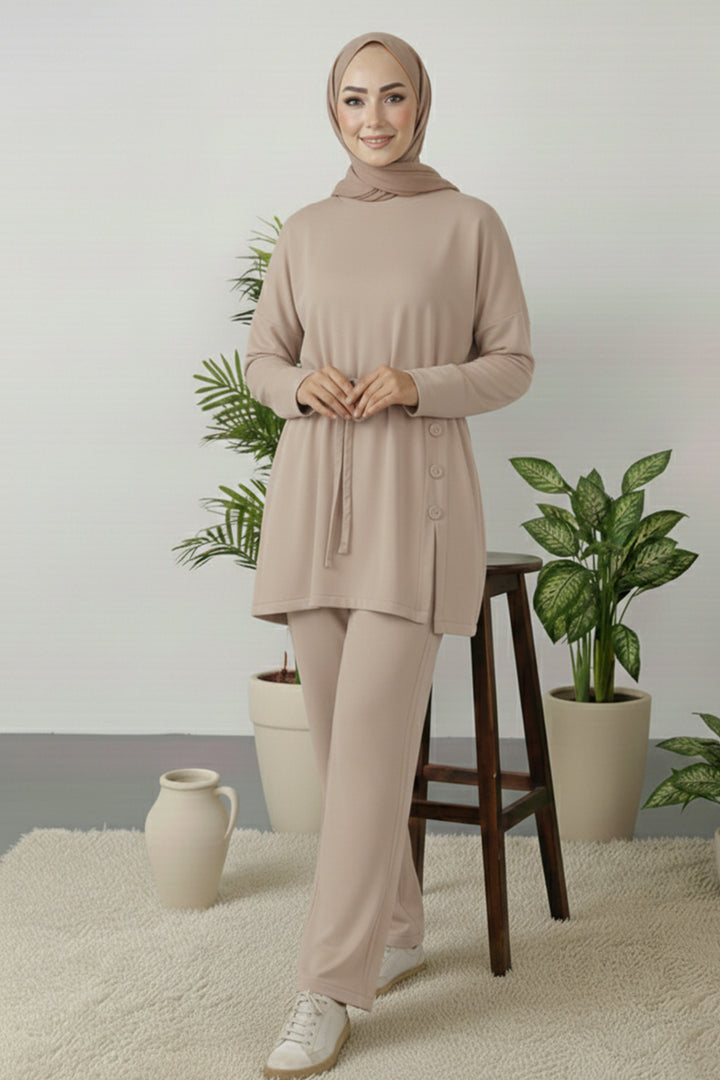 BNG Women Düğme Detaylı Tunik Takım Z5712 Bej - Keizer