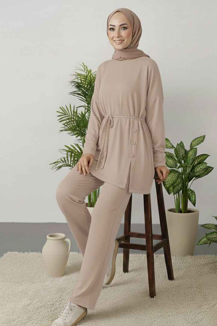 BNG Women Düğme Detaylı Tunik Takım Z5712 Bej - Keizer