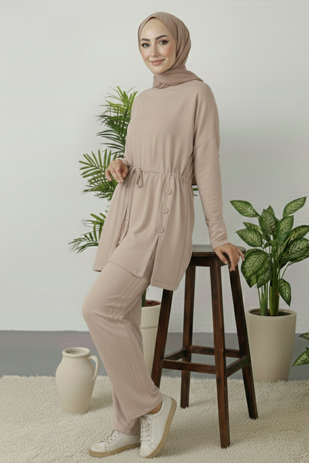 BNG Women Düğme Detaylı Tunik Takım Z5712 Bej - Keizer