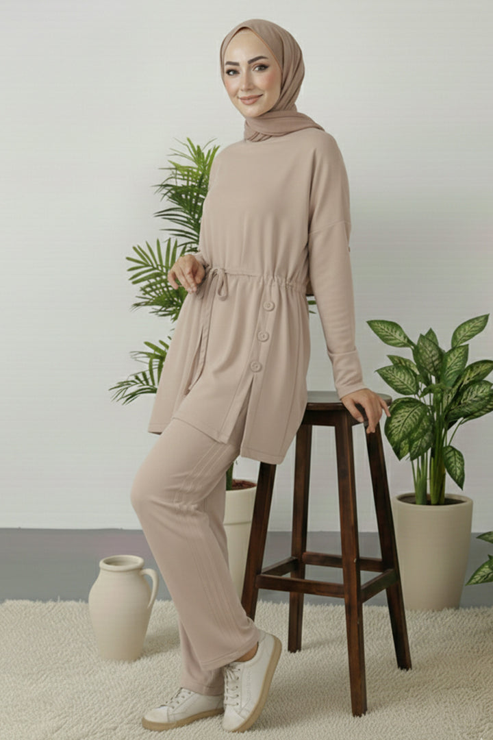 BNG Women Düğme Detaylı Tunik Takım Z5712 Bej - Keizer