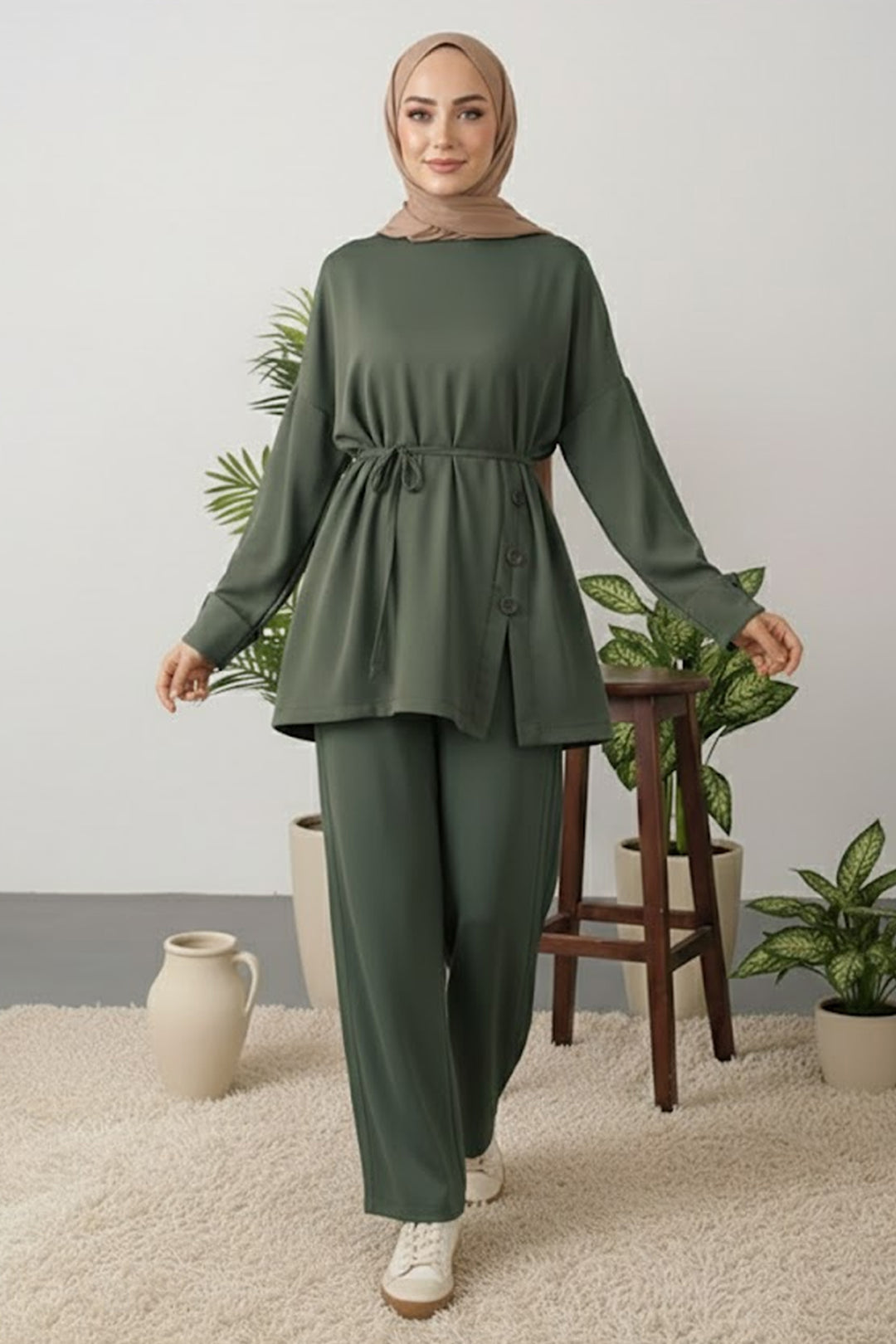 BNG Women Düğme Detaylı Tunik Takım Z5712 Haki - Santa Clarita