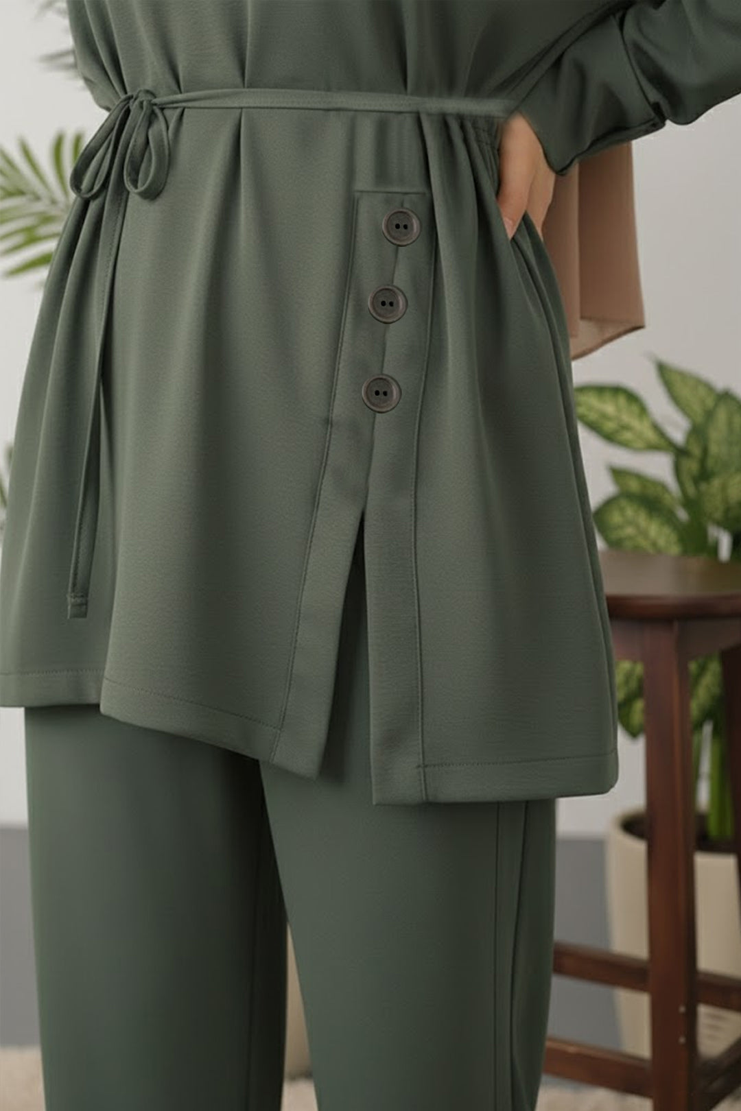 BNG Women Düğme Detaylı Tunik Takım Z5712 Haki - Santa Clarita