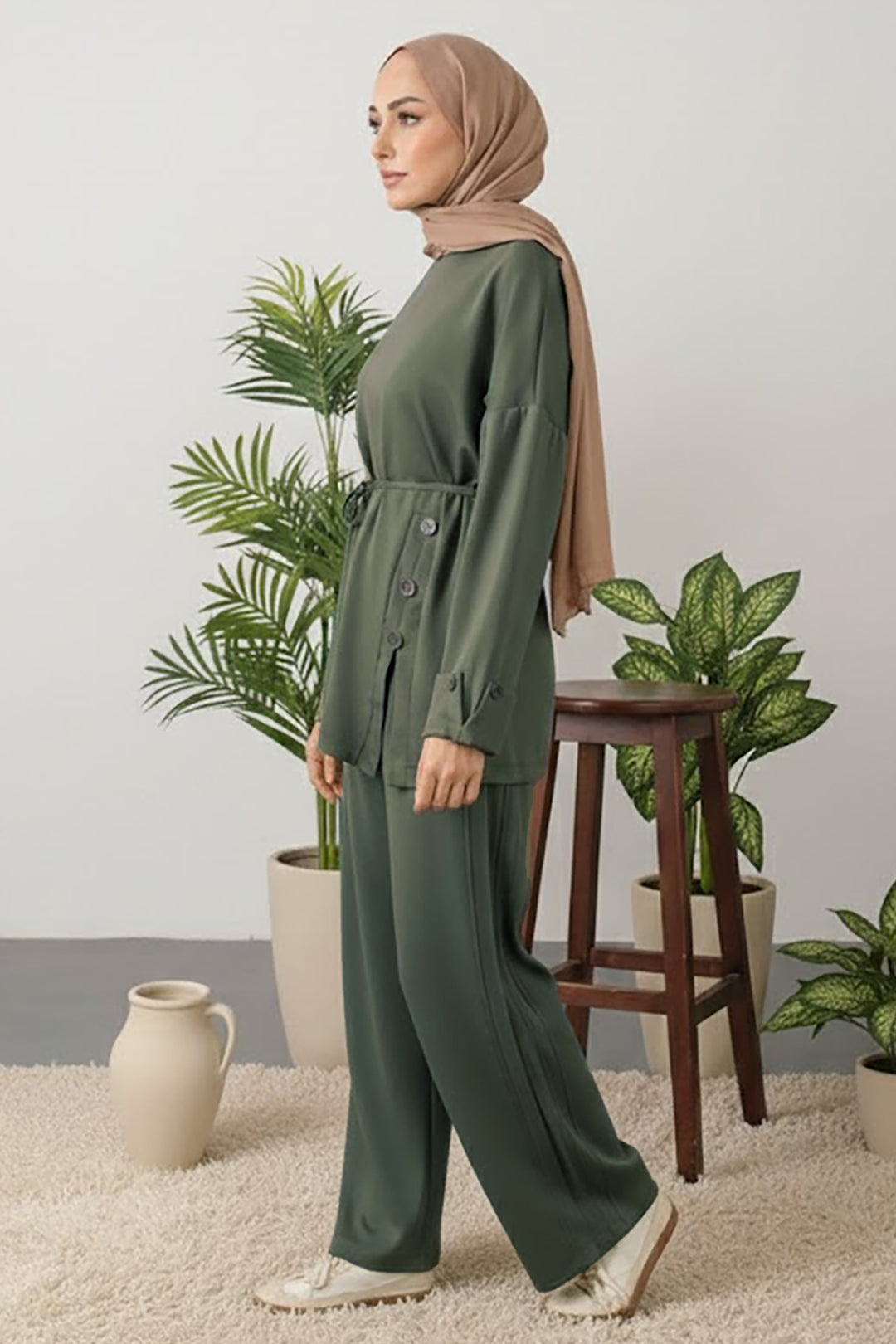 BNG Women Düğme Detaylı Tunik Takım Z5712 Haki - Santa Clarita