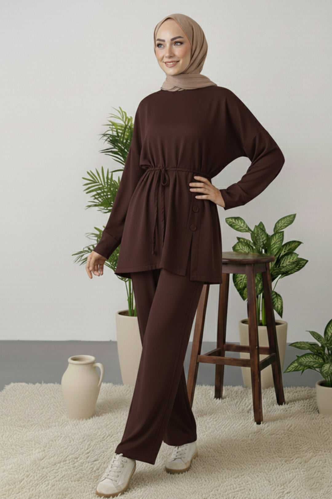 BNG Women Düğme Detaylı Tunik Takım Z5712 Kahverengi - Kitchener