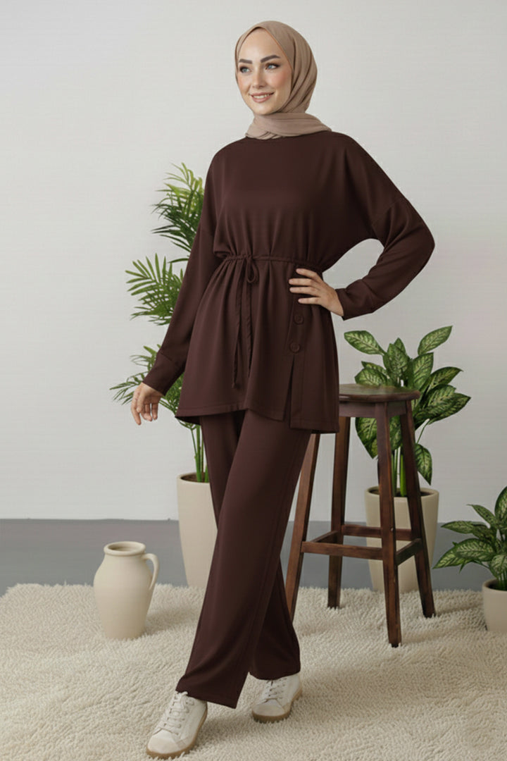BNG Women Düğme Detaylı Tunik Takım Z5712 Kahverengi - Kitchener