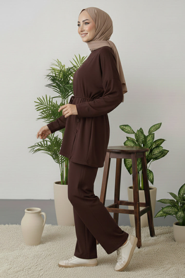 BNG Women Düğme Detaylı Tunik Takım Z5712 Kahverengi - Kitchener