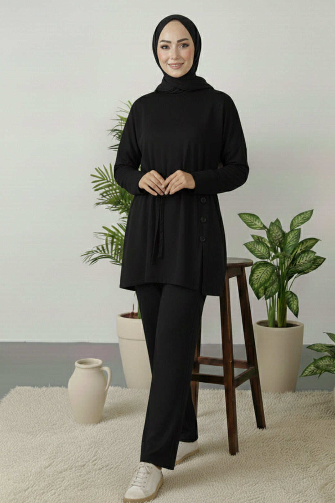 BNG Women Düğme Detaylı Tunik Takım Z5712 Siyah - Alexandria