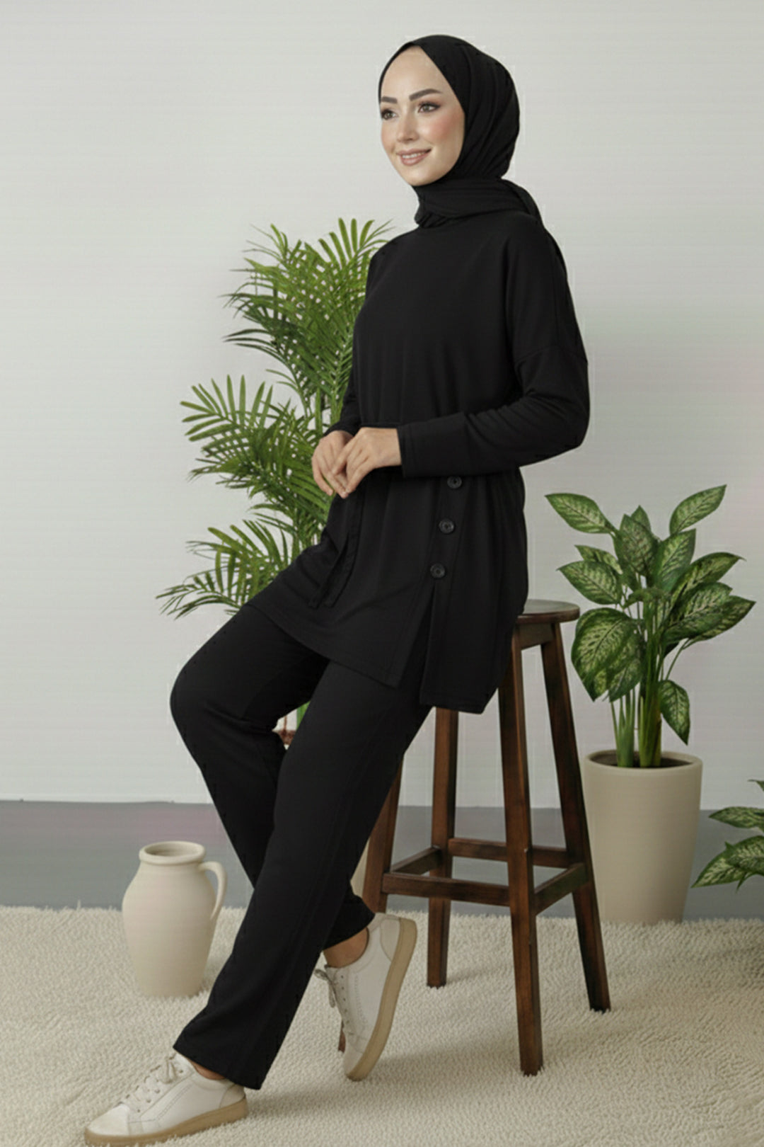 BNG Women Düğme Detaylı Tunik Takım Z5712 Siyah - Alexandria