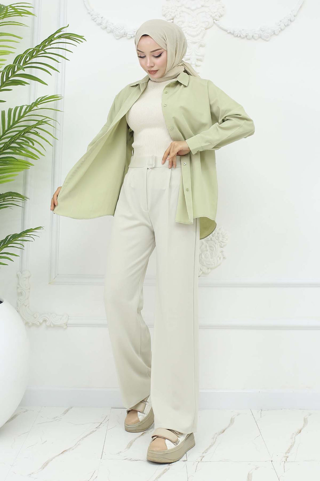 BNG Women Bol Paça Palazzo Pantolon Taş Rengi 3044 - Hyde