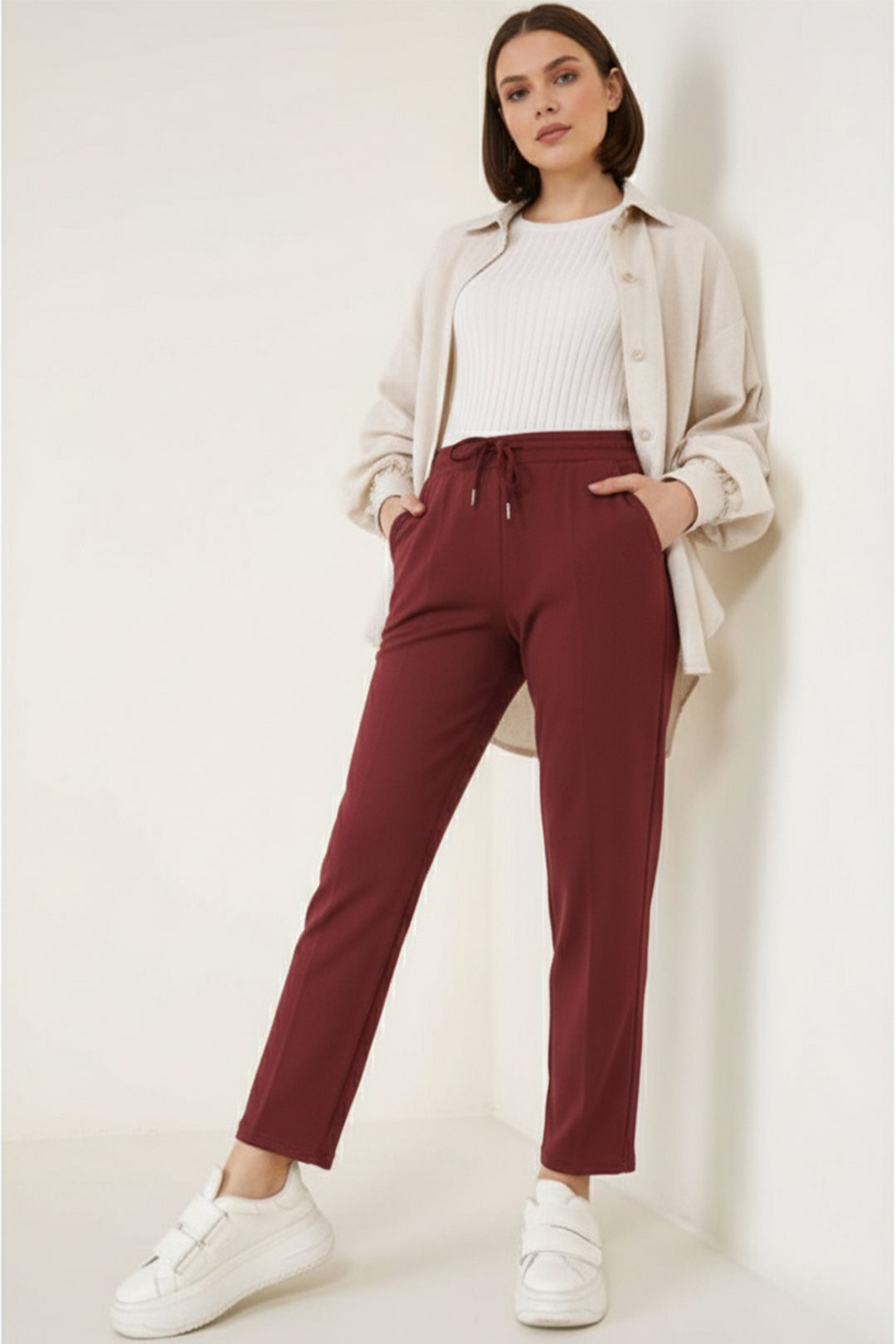 BNG Women Detailed Waist Elasticated Belt Trousers Bordeaux - Lake Forest