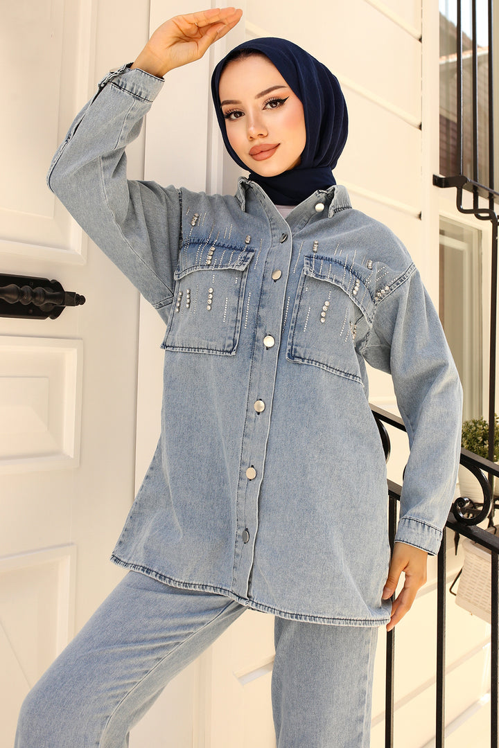 BNG Women Stone-Detailed Denim Suit Blue - Clermont