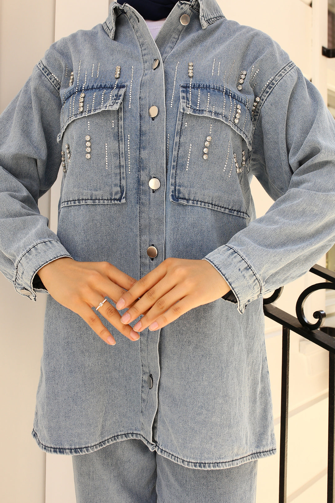 BNG Women Stone-Detailed Denim Suit Blue - Clermont
