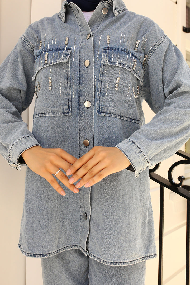 BNG Women Stone-Detailed Denim Suit Blue - Clermont