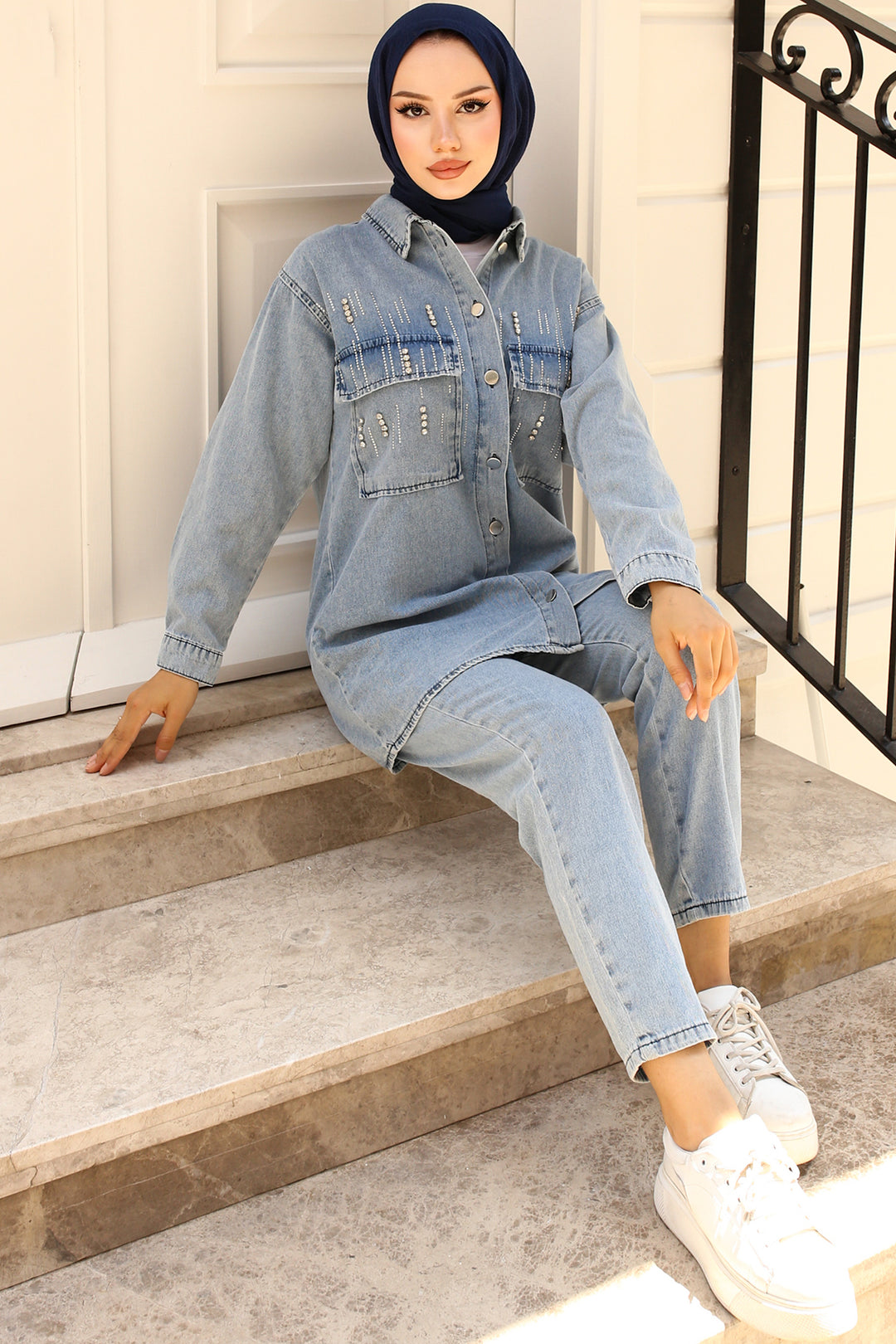 BNG Women Stone-Detailed Denim Suit Blue - Clermont
