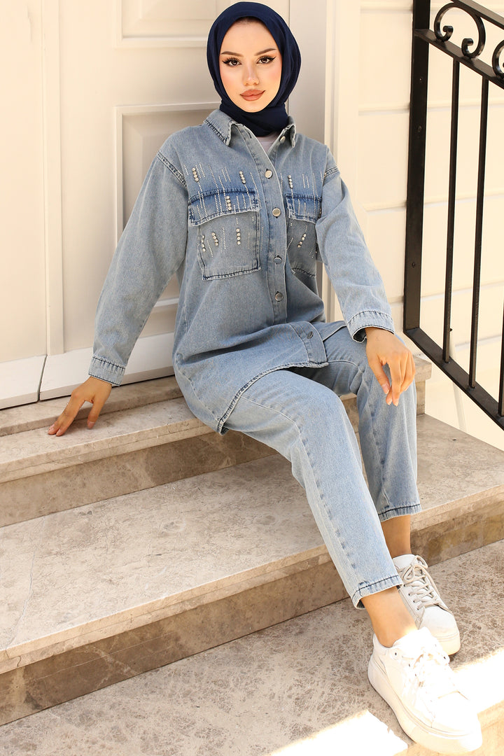 BNG Women Stone-Detailed Denim Suit Blue - Clermont